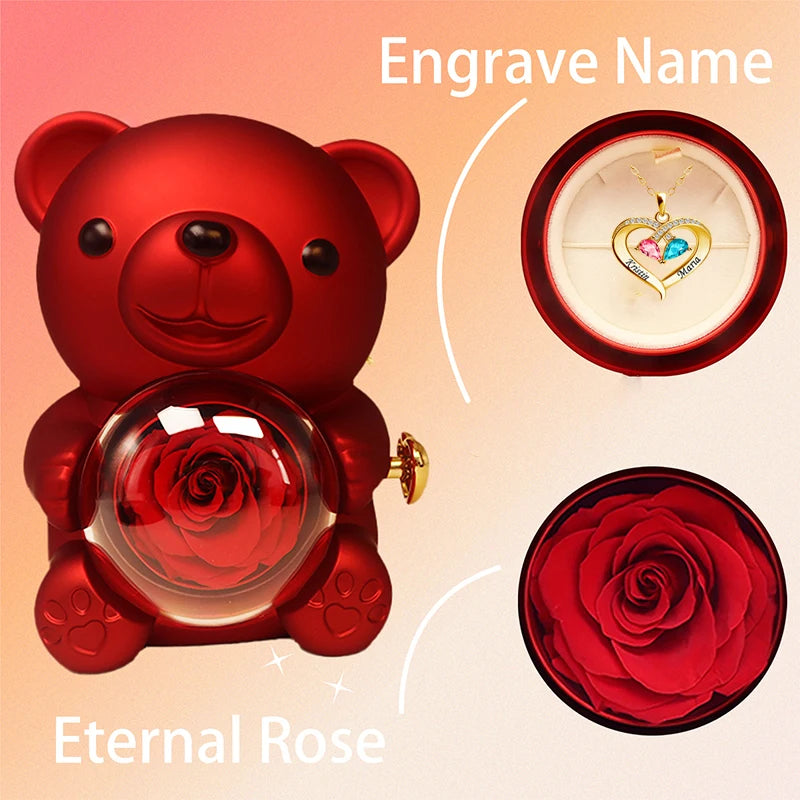 Rose Bear Gift Box with Engraved Necklace🧸🌸