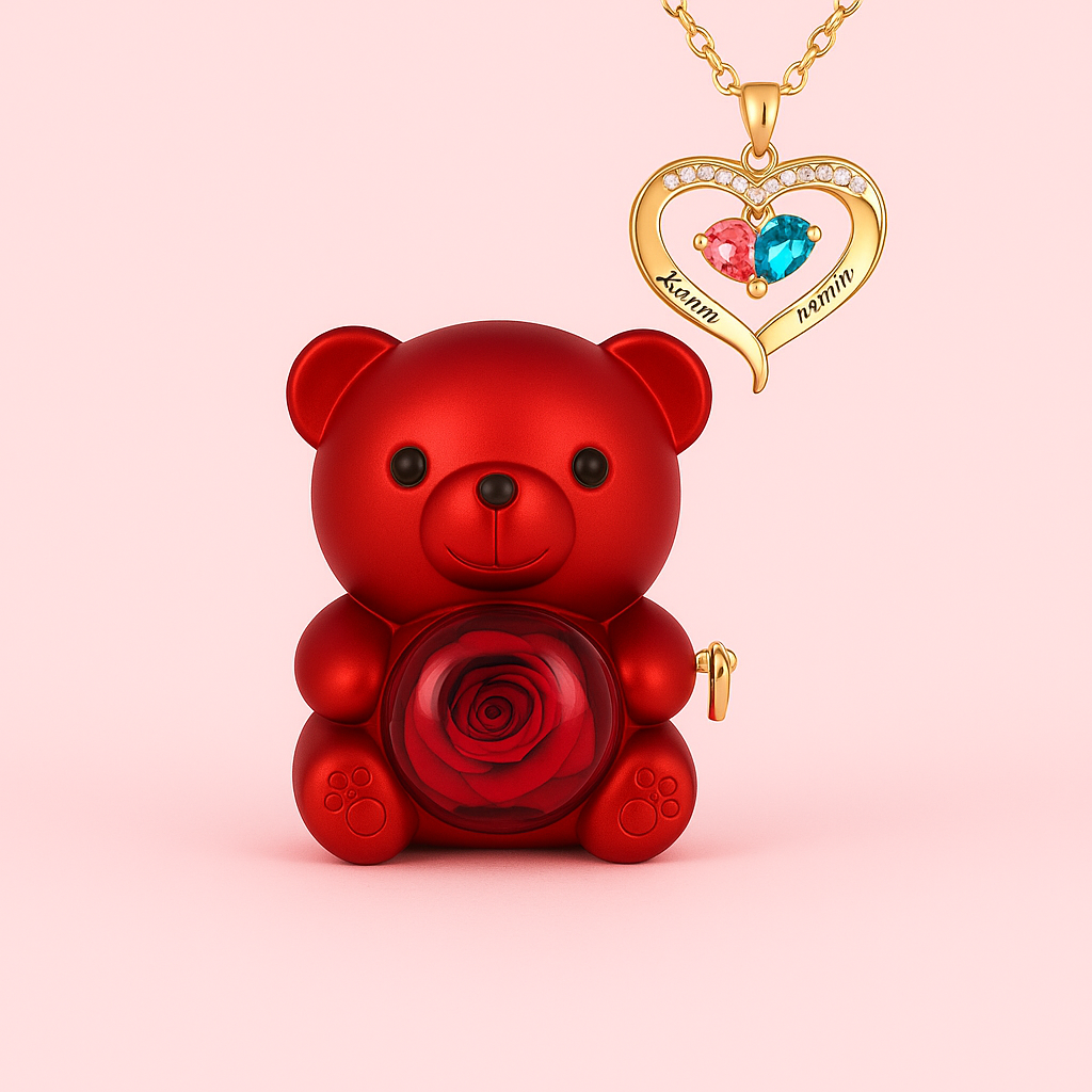 Rose Bear Gift Box with Engraved Necklace🧸🌸