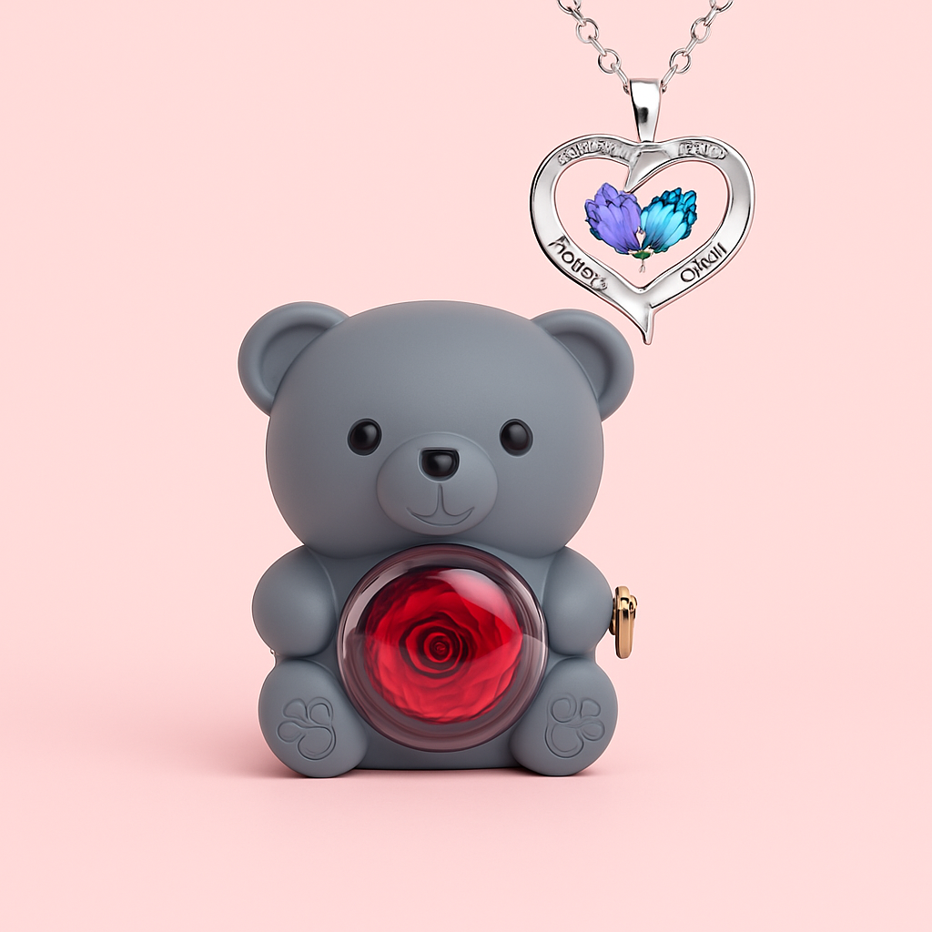 Rose Bear Gift Box with Engraved Necklace🧸🌸