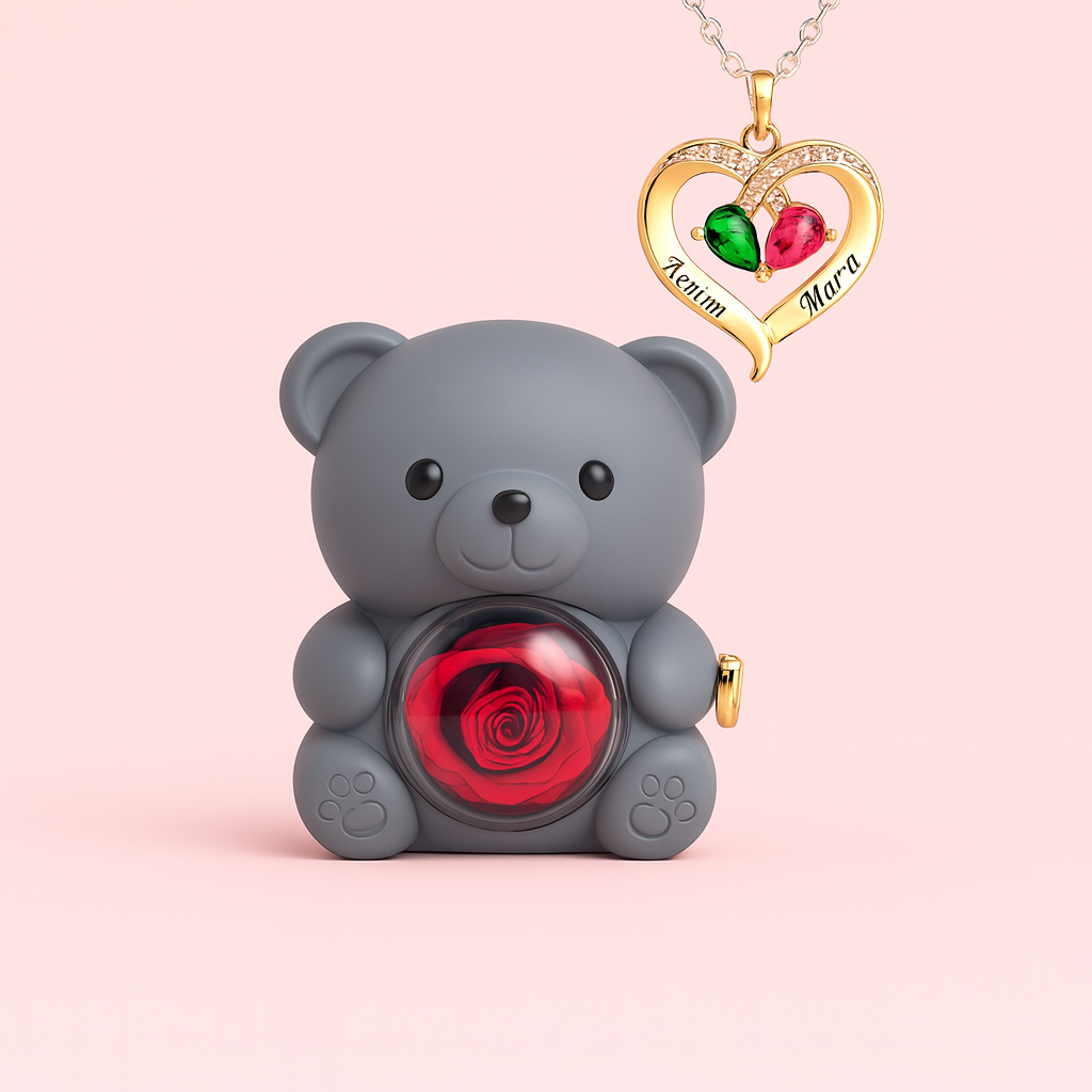 Rose Bear Gift Box with Engraved Necklace🧸🌸