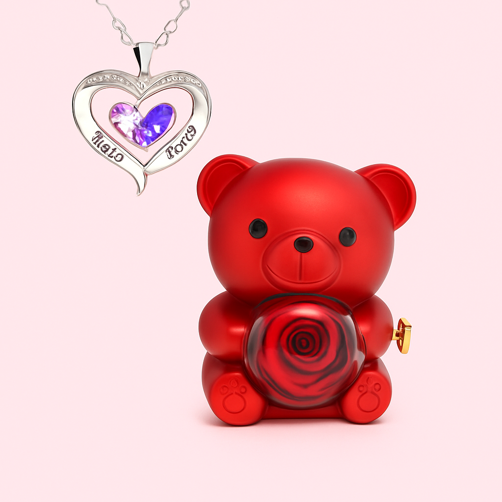 Rose Bear Gift Box with Engraved Necklace🧸🌸