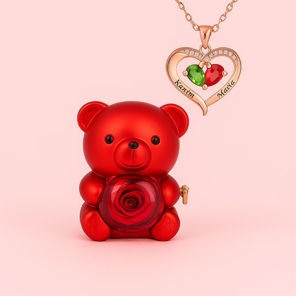 Rose Bear Gift Box with Engraved Necklace🧸🌸