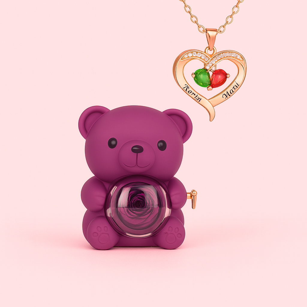 Rose Bear Gift Box with Engraved Necklace🧸🌸